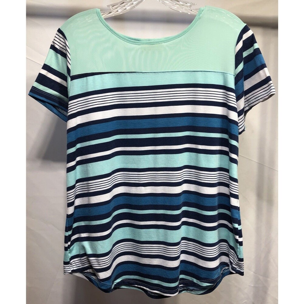 Bobbie Brooks Tee Mesh Pullover Top XL Green Blue Stripe Round Hem Capsule